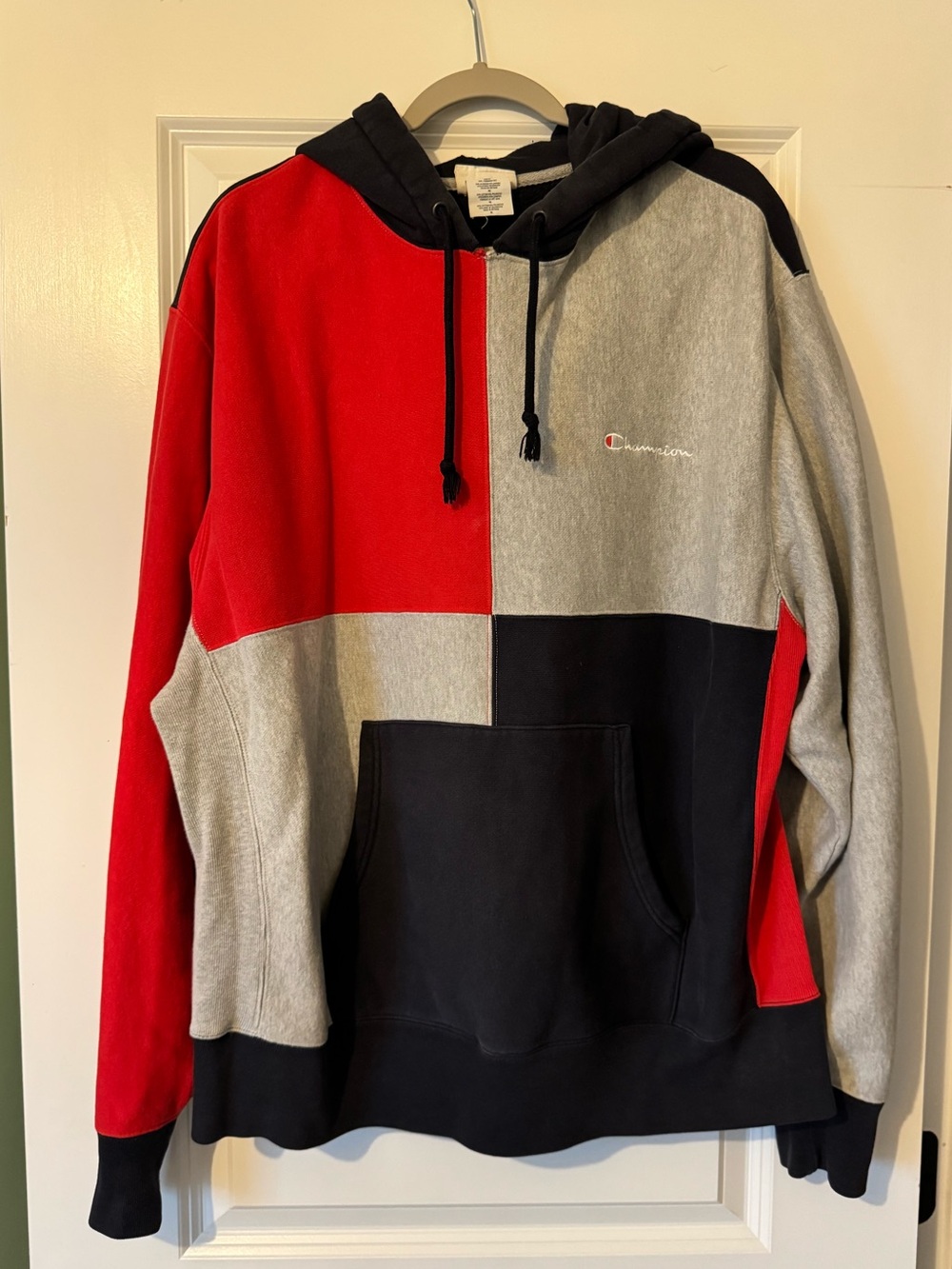 Champion Red, Gray & Blue Colorblock Hooded Sweatshirt